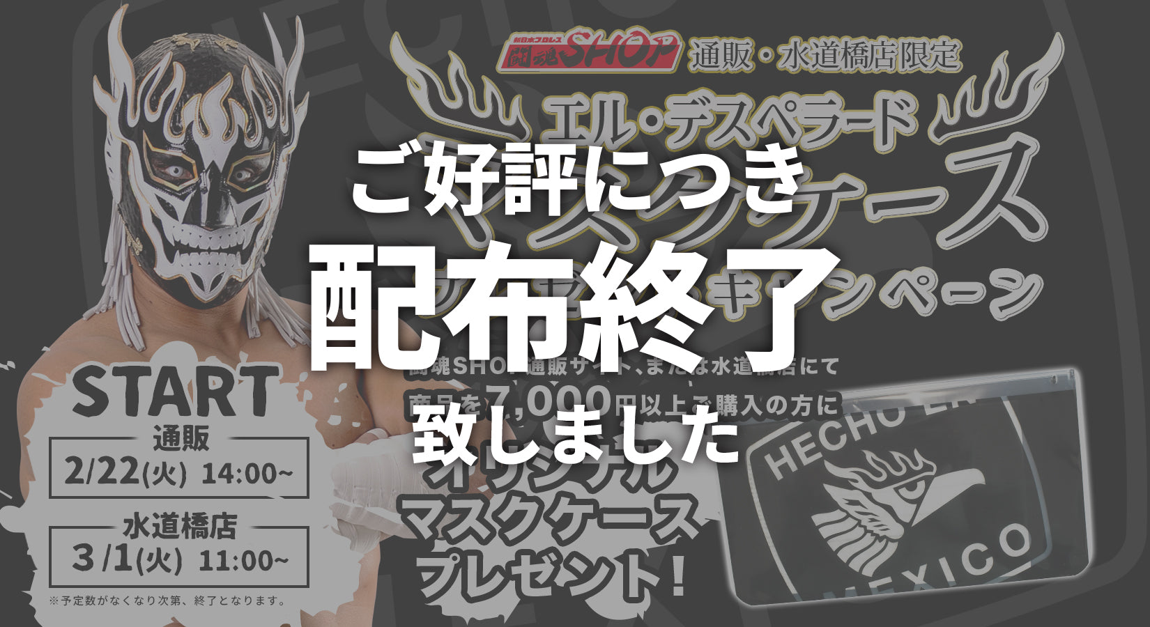 【配布終了しました】7,000円以上お買い上げの方にエル・デスペラード選手マスクケースプレゼント！